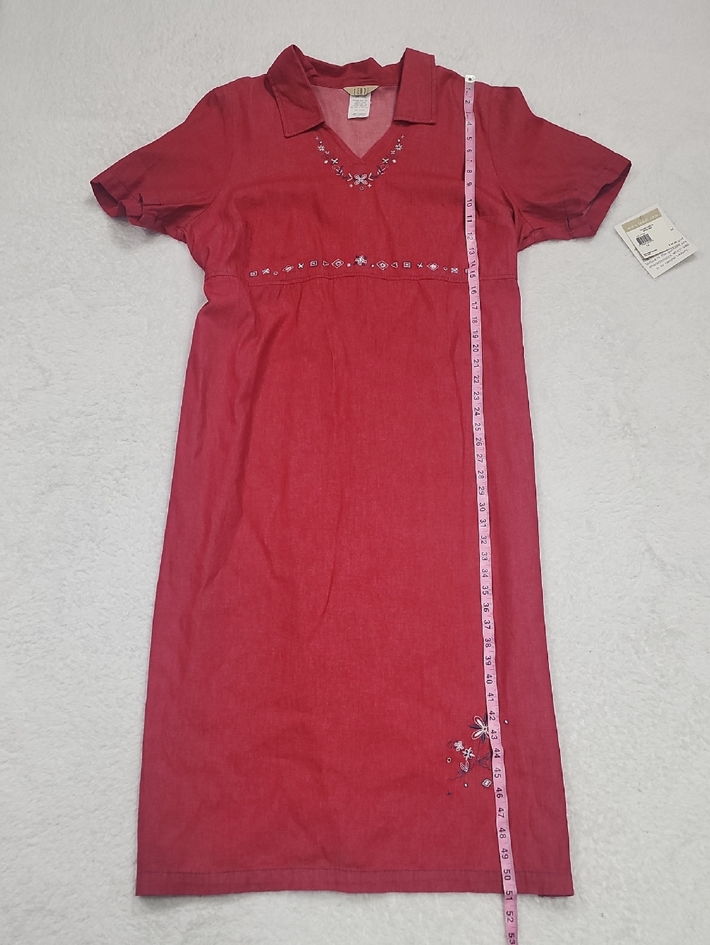 Vintage Teddi Red Denim Darlin Embroidered Short Sleeve Dress Rare Midi NWT - Picture 5 of 9